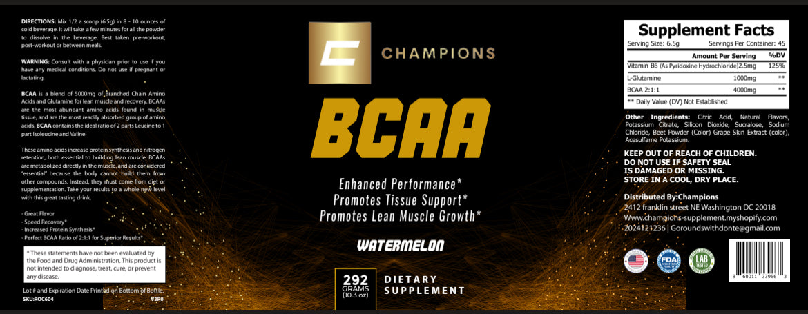 Champions Supplements BCAA, Pre or Post Workout, Watermelon Flavor, 292g, 45 Servings, Serving Size 6.5g,