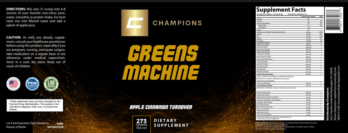 Champions Supplements Green Machine Super Greens Apple Cinnamon Turnover Flavor, 273g, 30 Servings, Serving Size 9.1g, 40 Calories, Zero Added Sugar