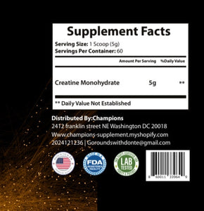 Champions Supplements Creatine, 100% Monohydrate, Non Flavored, 300g, 60 Servings, Serving size 5g