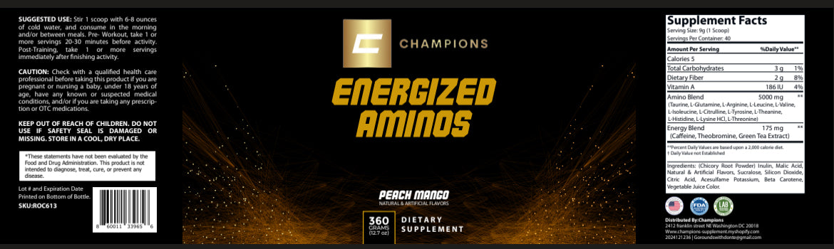 Champions Supplements Energized Aminos, BCAA Peach Mango Flavor, 9g, 40 servings, 360g