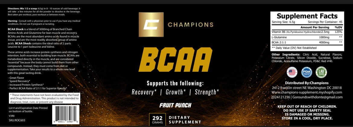 Champions Supplements BCAA Powder, Fruit Punch Flavor, 292g, 45 Serving Per Container, Serving Size 6.5g