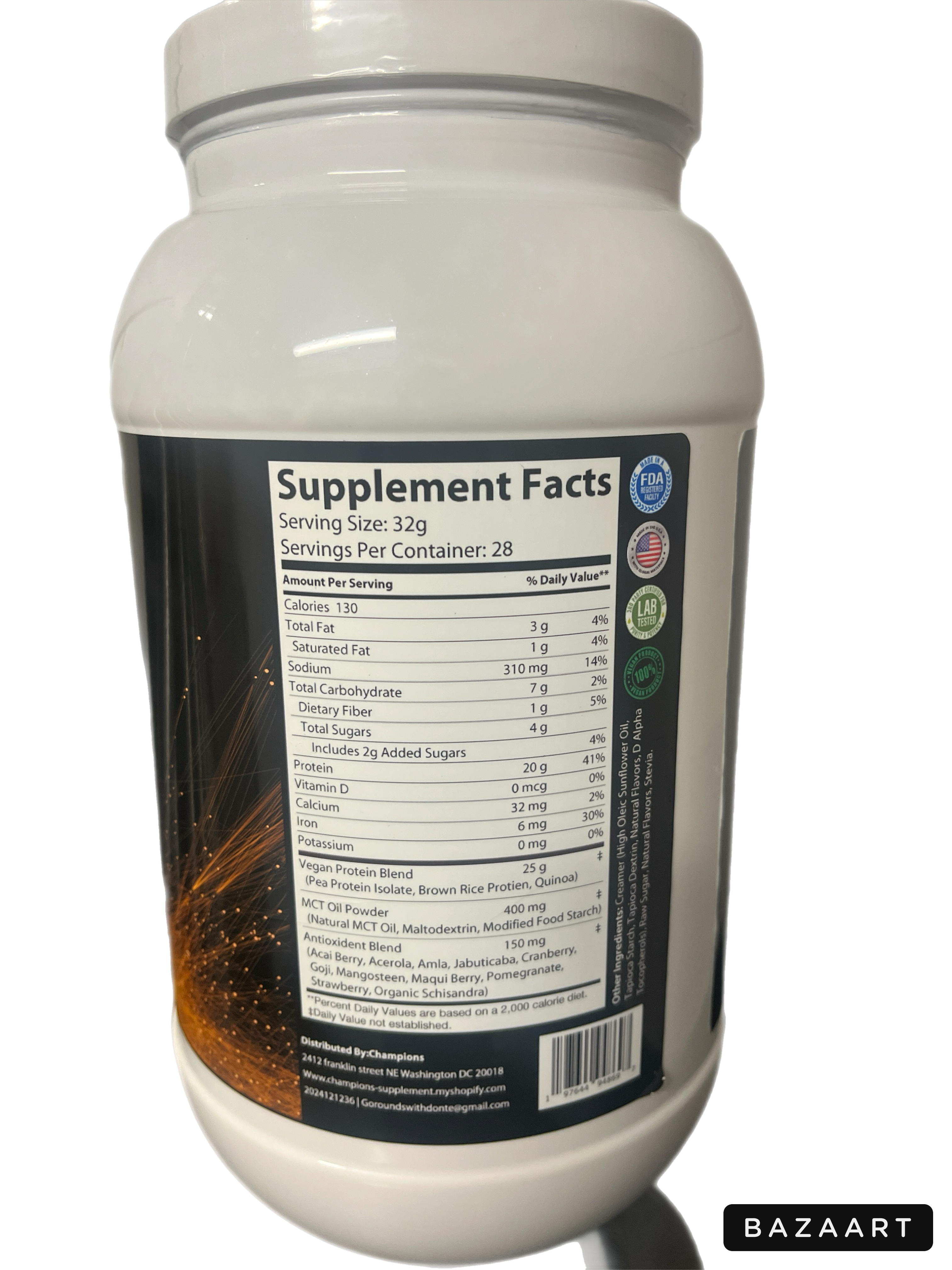 Champions Supplements Plant Protein Powder Vanilla Milkshake Flavor, 2LBS, 28 Servings, Serving Size 32g, 20g Protein, 4g Sugar 130 Calories