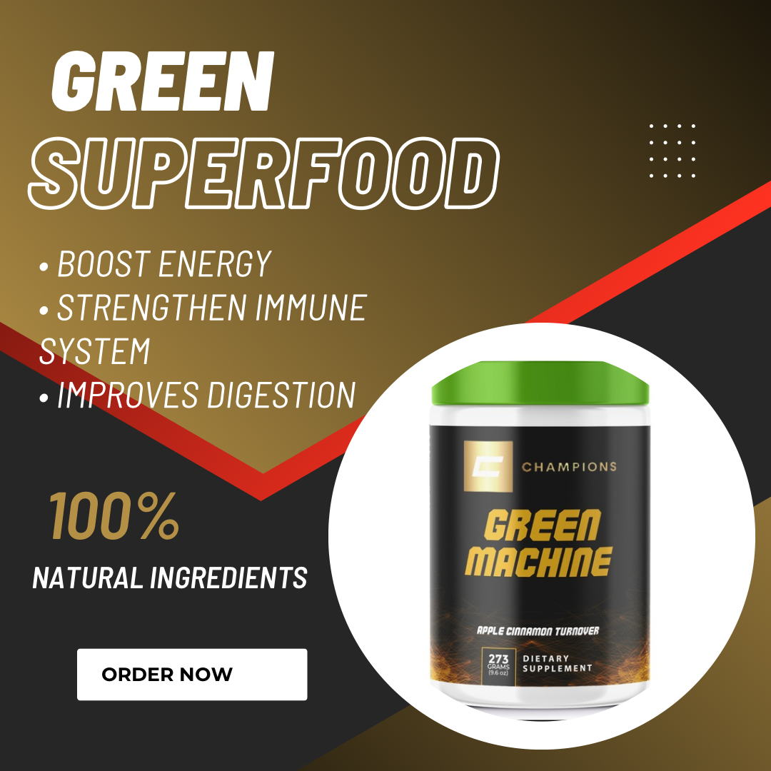 Champions Supplements Green Machine Super Greens Apple Cinnamon Turnover Flavor, 273g, 30 Servings, Serving Size 9.1g, 40 Calories, Zero Added Sugar