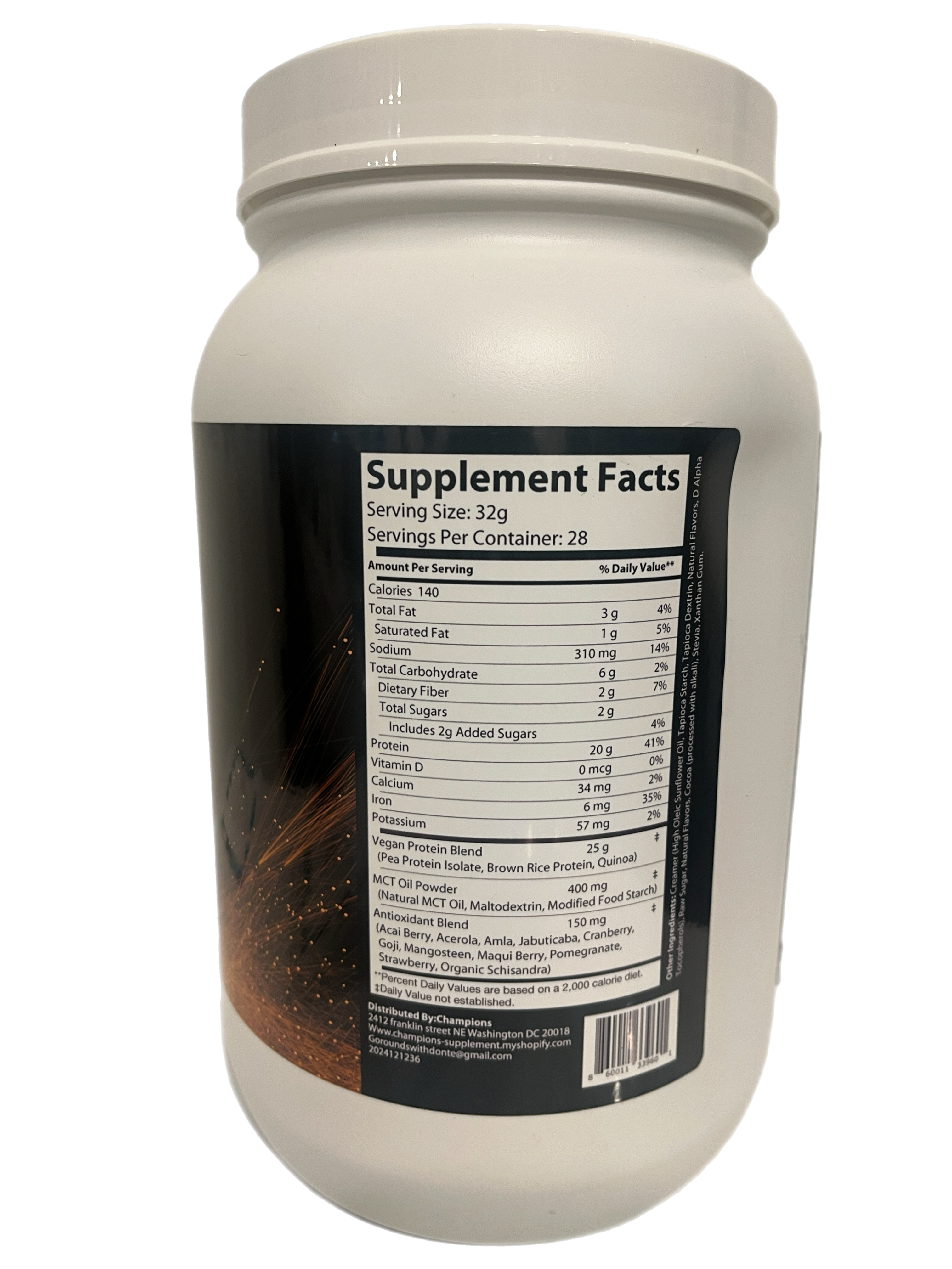 Champions Supplements Plant Protein Powder Chocolate Milkshake Flavor, 2LBS, 28 Servings, Serving Size 32g, 20g Protein, 2g Sugar 140 Calories