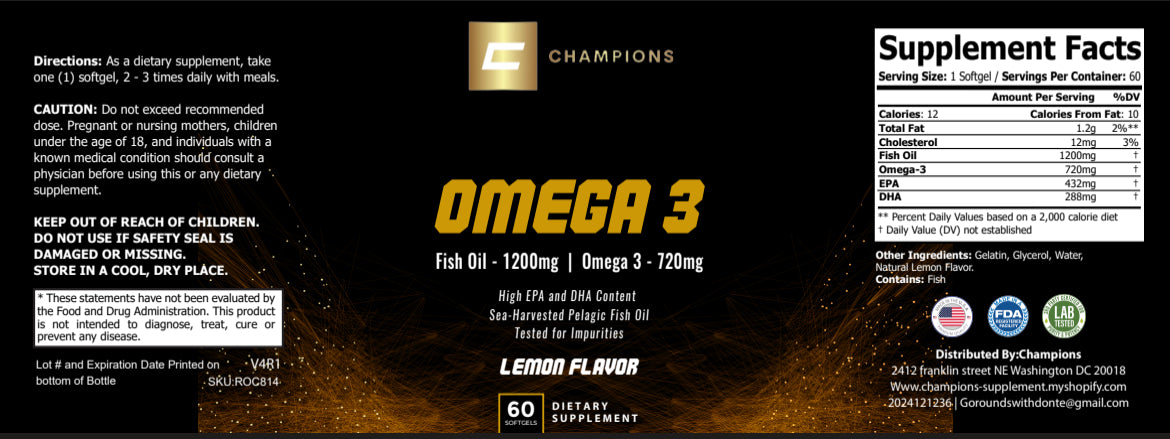 Champions Supplements Omega 3 Fish Oil Lemon Flavor, 60 Servings, Serving Size 1 Softgel, 12 Calories