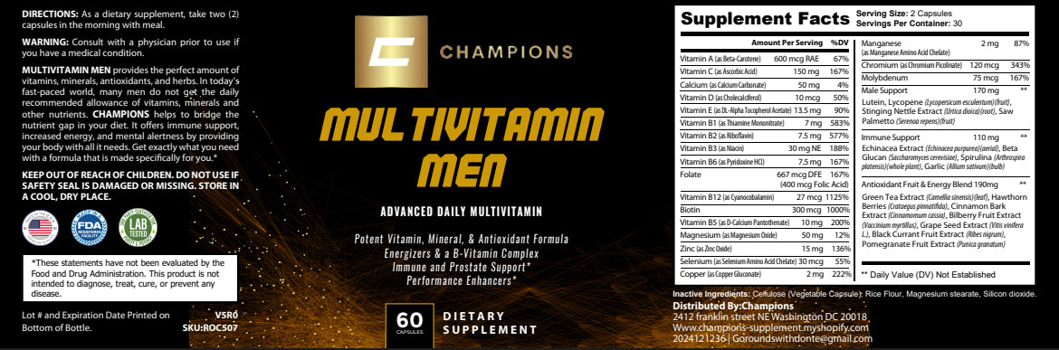 Champions Supplements Multivitamin Men, 60 Capsules, 30 Servings, Serving Size 2 Capsules,