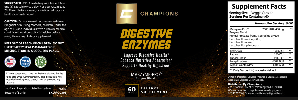 Champions Supplements Digestive Enzymes, 60 Servings, Serving Size 1 Capsule